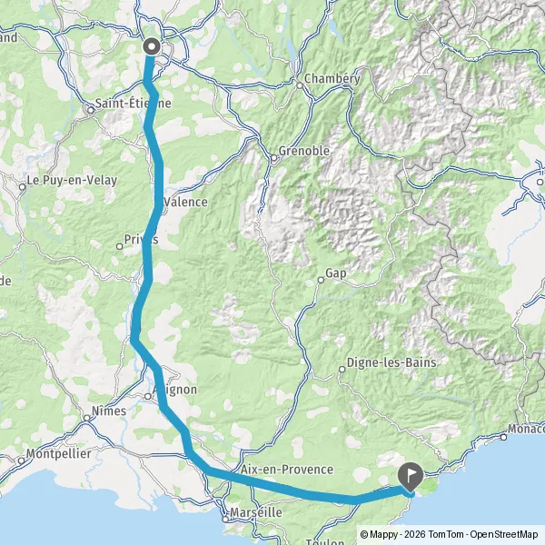Itinéraire en voiture de Lyon 69001-69009 à Fréjus 83370-83600