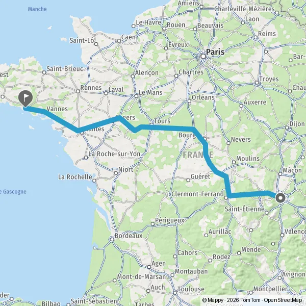 Itinéraire en voiture de Lyon 69001-69009 à Lorient 56100