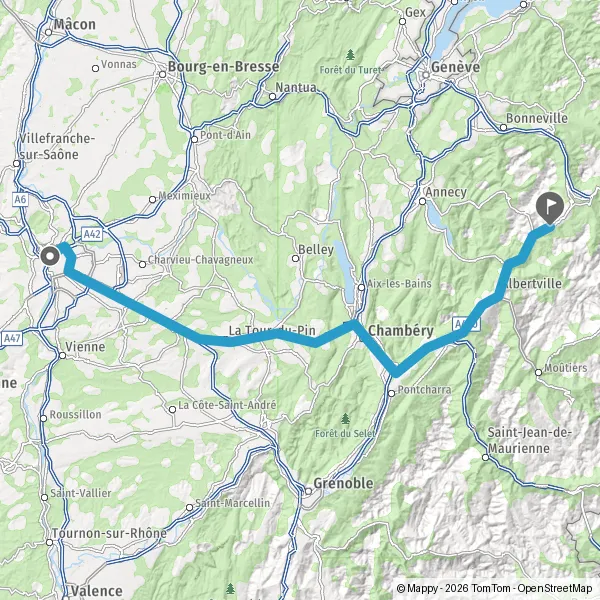 Itinéraire en voiture de Lyon 69001-69009 à Praz-sur-Arly 74120