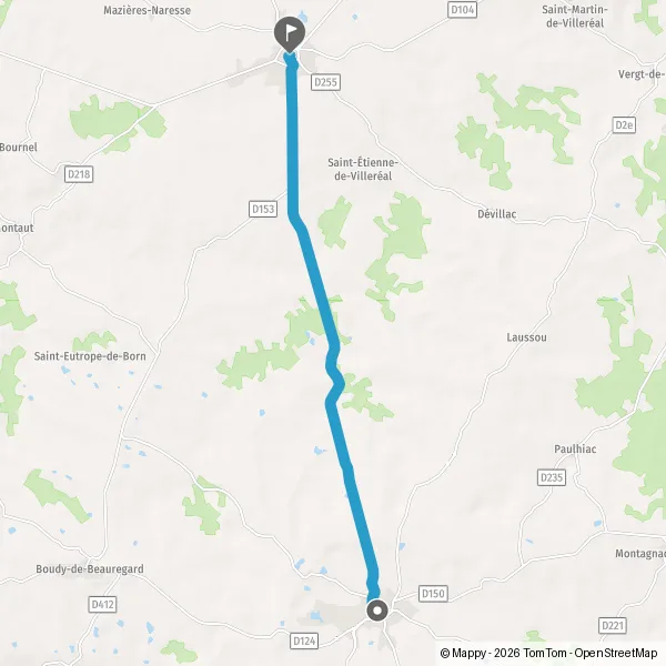 Itinéraire en voiture de Monflanquin 47150 à Villeréal 47210