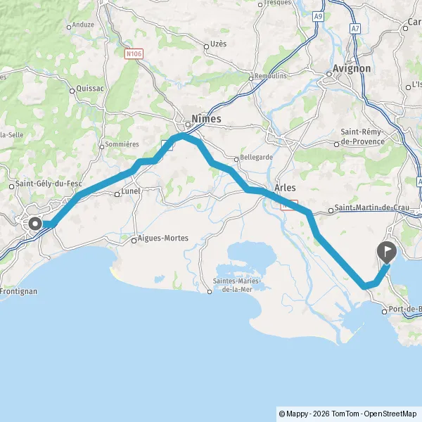 Itinéraire en voiture de Montpellier 34000-34090 à Istres 13118-13800