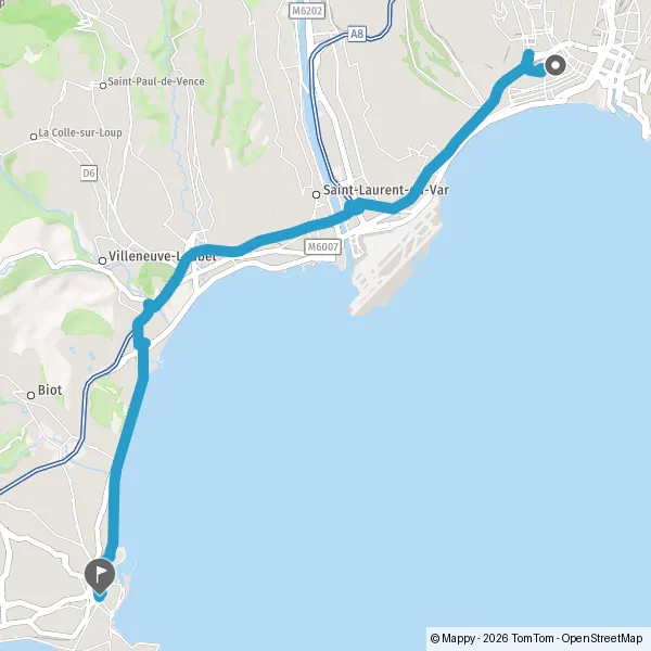 Itinéraire en voiture de Nice 06000-06300 à Antibes 06160-06600