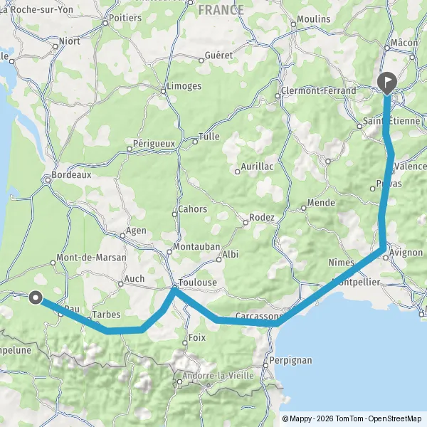 Itinéraire en voiture de Orthez 64300 à Lyon 69001-69009
