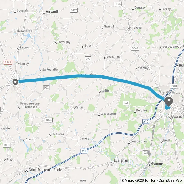 Itinéraire en voiture de Parthenay 79200 à Poitiers 86000