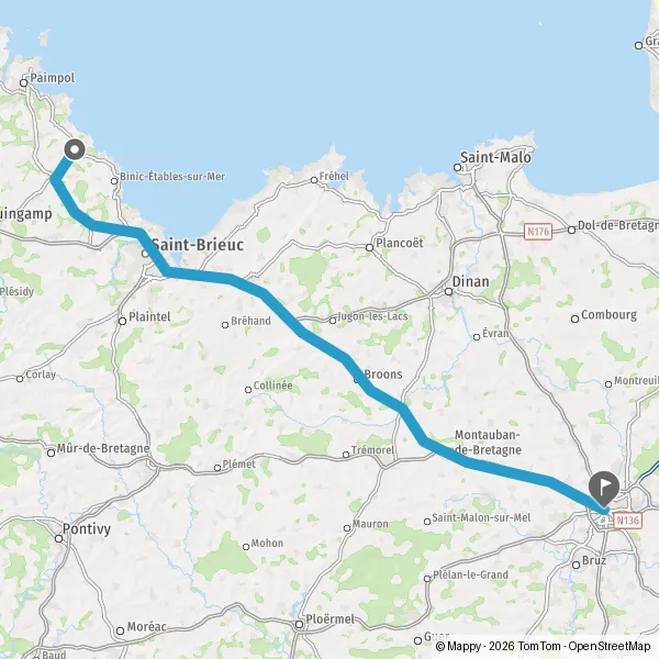 Itinéraire en voiture de Plouha 22580 à Rennes 35000-35700