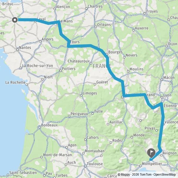 Itinéraire en voiture de Rennes 35000-35700 à Nîmes 30000-30900