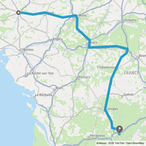 Itinéraire en voiture de Rennes 35000-35700 à Tulle 19000