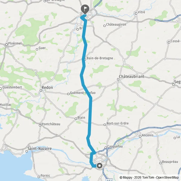 Itinéraire en voiture de Rezé 44400 à Rennes 35000-35700