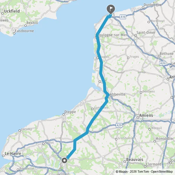 Itinéraire en voiture de Rouen 76000-76100 à Calais 62100