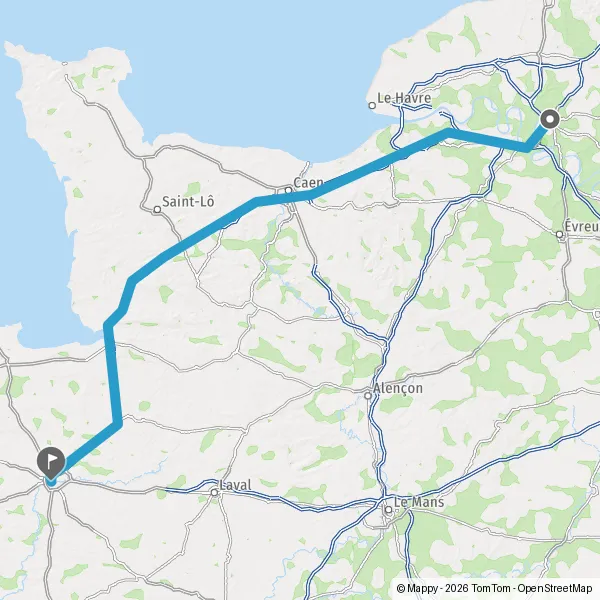 Itinéraire en voiture de Rouen 76000-76100 à Rennes 35000-35700