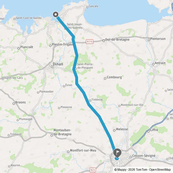 Itinéraire en voiture de Saint-Malo 35400 à Rennes 35000-35700