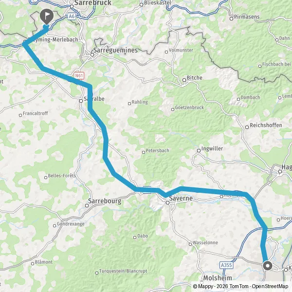 Itinéraire en voiture de Strasbourg 67000-67200 à Forbach 57600