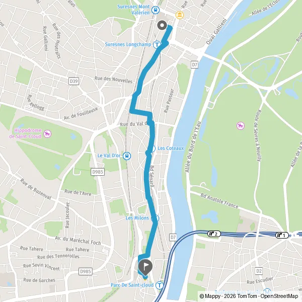 Itinéraire en voiture de Suresnes 92150 à Saint-Cloud 92210