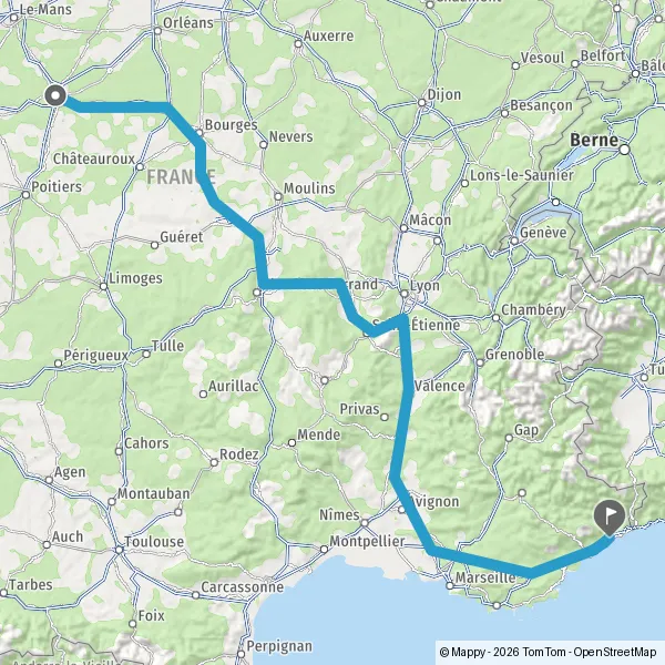 Itinéraire en voiture de Tours 37000-37200 à Nice 06000-06300