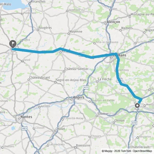 Itinéraire en voiture de Tours 37000-37200 à Rennes 35000-35700