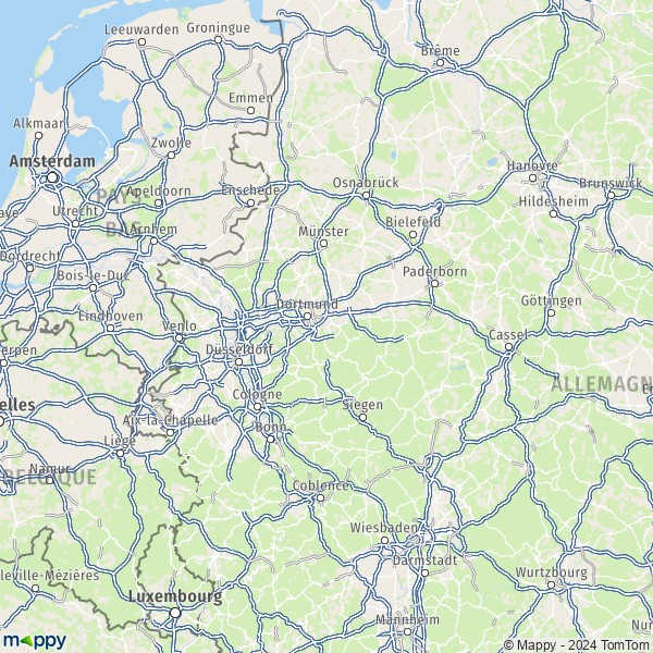 La carte de la région Rhénanie-du-Nord-Westphalie