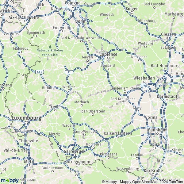 La carte de la région Rhénanie-Palatinat