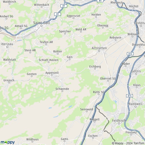 La carte de la région Appenzell Rhodes-Intérieures