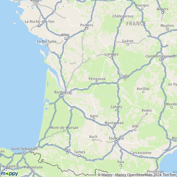 La carte de la région Nouvelle-Aquitaine